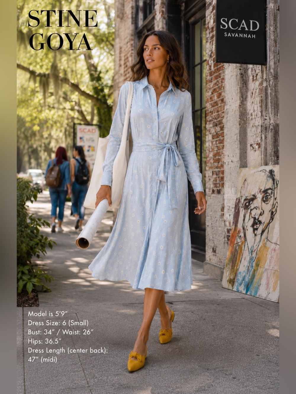 STINE GOYA Pale Blue Daisy Print Button-Front,Side-Wrap Midi Dress,EUC,Size 6 - Picture 1 of 8